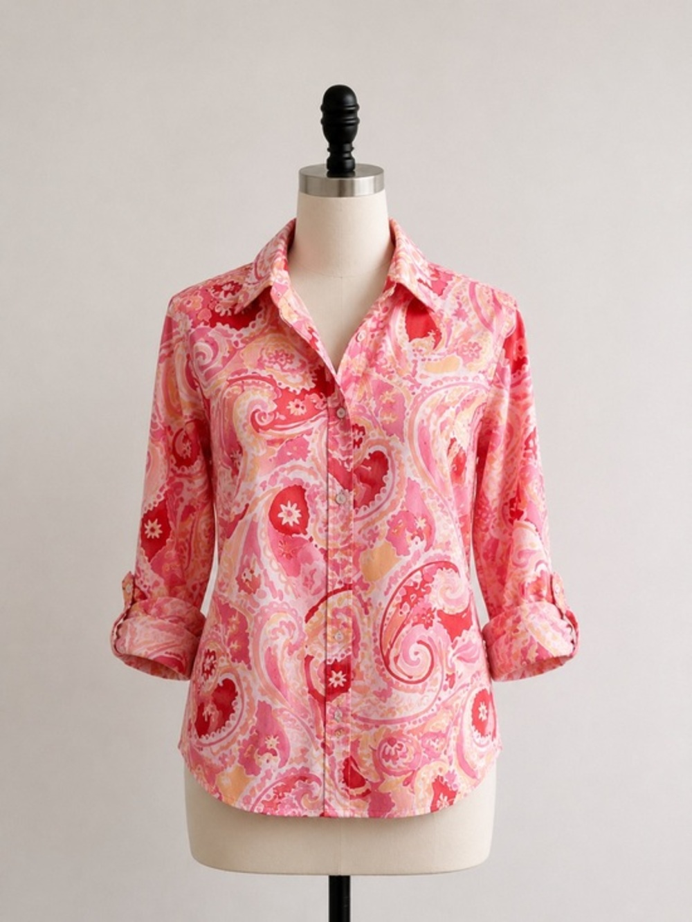 Talbots Petite Watercolor Cotton Button Up Shirt Long Sleeve Peach Pink Size P